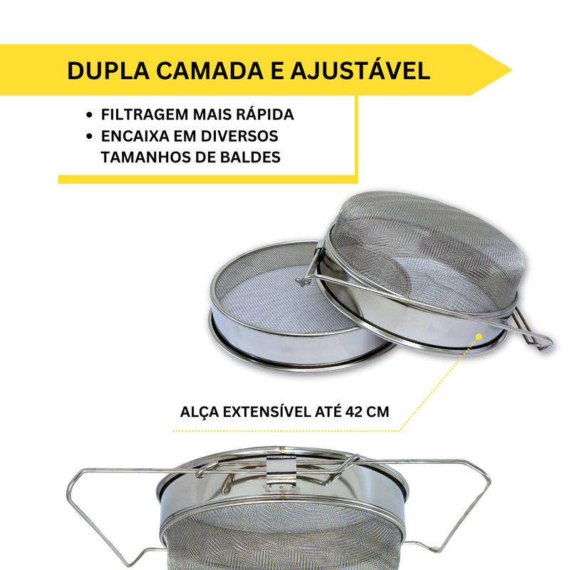 Kit Peneira Dupla Camada + Balde 20L + Válvula Corte Rápido