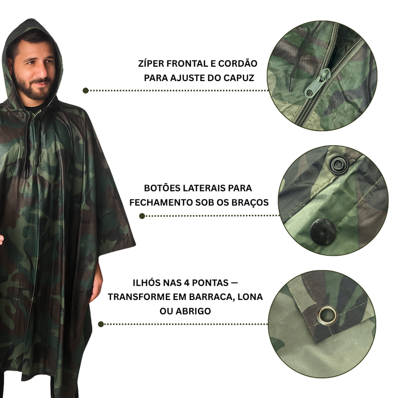 Capa de Chuva Emborrachada 3 em 1 - Capa, Lona ou Barraca