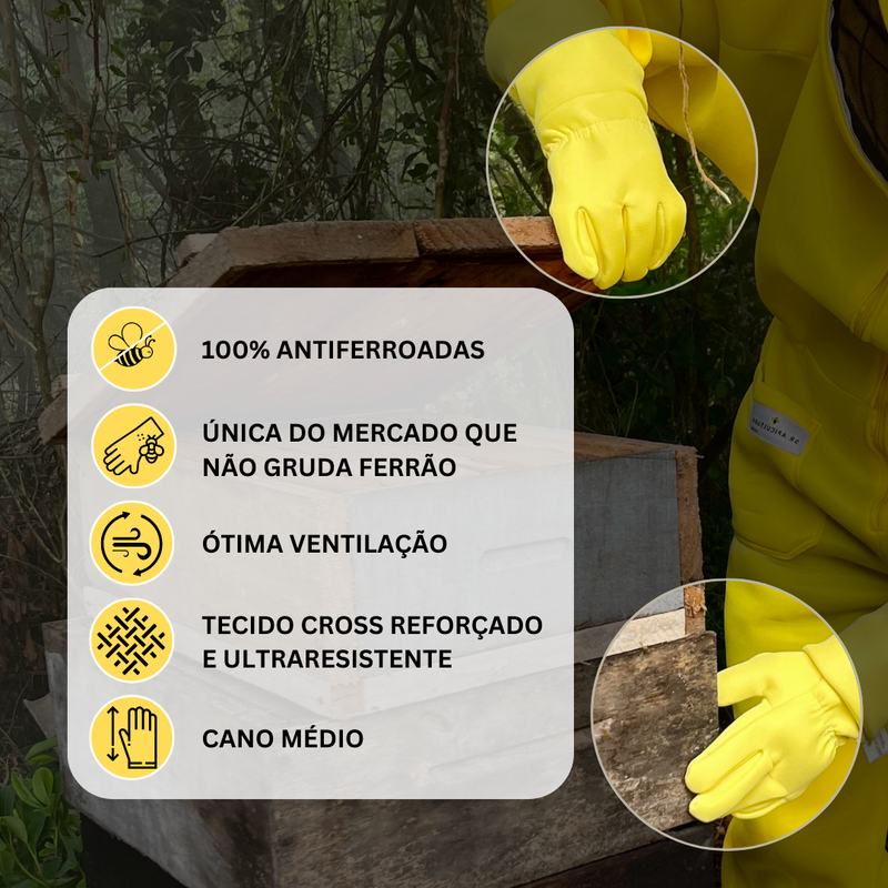 Detalhes da luva SR CROSS amarelo da SR APICULTURA. Apicultor abrindo caixa colmeia de abelhas