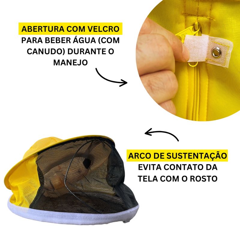 Macacao roupa apicultor sr premium duplo abertura com velcro para beber agua com canudo durante o manejo, arco de sustentação evita o contato da tela com o rosto