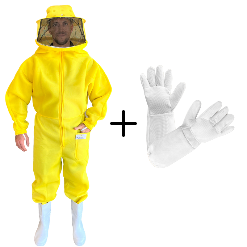 Macacão roupa apicultor SR PREMIUM amarelo e luvas SR CROSS 100% antiferroadas branco SR APICULTURA