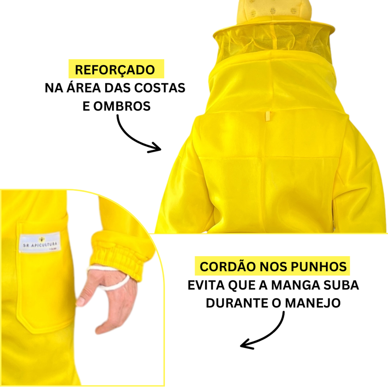 Macacão SR PREMIUM 100% antiferroadas, marca SR APICULTURA, tecido reforçado na área das costas e ombros, cordão elástico nos punhos e tornozelos evita que a manga suba durante o manejo