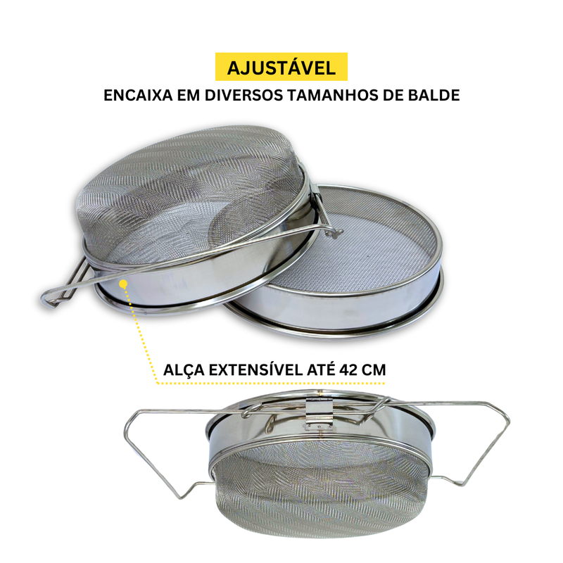 peneira para mel dupla camada de inox sr apicultura ajustavel encaixa em diversos tamanhos de balde alca grande extensivel ate 42 cm